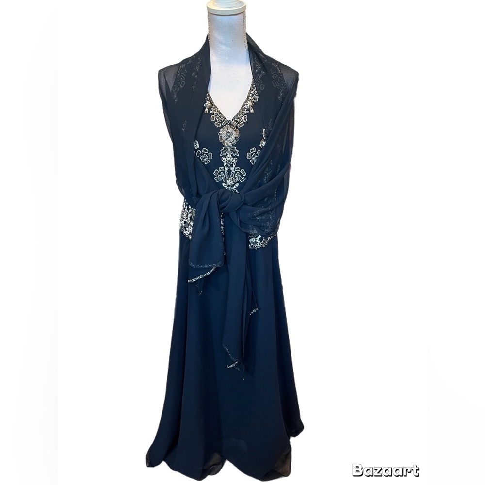 JKARA Elegant Navy Blue Color  Sleeveless Evening Gown Size 6 With Scarf - Picture 6 of 8
